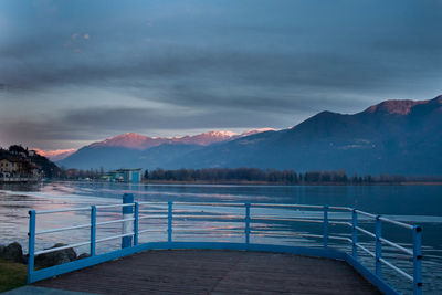 Scenic view of lake by mountains against sky