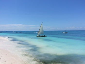 Scenic view of beach against blue sky