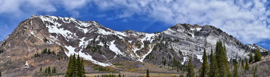 Panoramic views of wasatch front rocky mountains from little cottonwood canyon  utah.