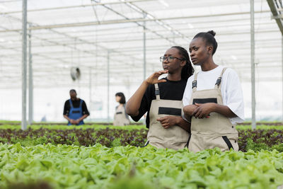 Side view of female friends using digital tablet while standing in greenhouse