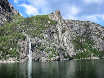 Scenic view of lake against cloudy sky