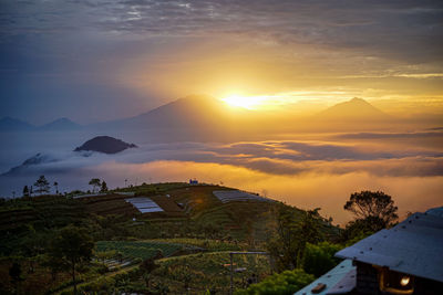 Scenic view of mountains against sky during sunset