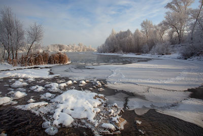 Scenic view of frozen lake against sky during winter