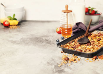 High angle view of breakfast on table