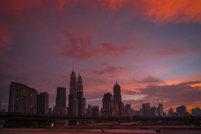 Skyscrapers in city at sunset