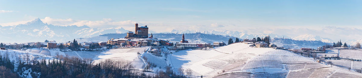 Panoramic view of snow covered buildings in city against sky