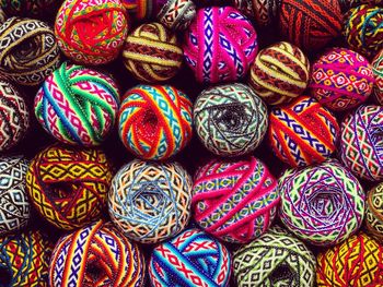 Full frame shot of multi colored yarns for sale in market in cusco peru