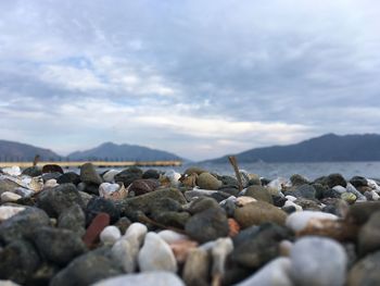 Stones on beach against sky