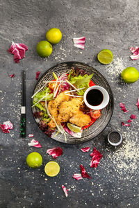 Directly above shot of fried food in plate on table