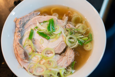 High angle view of soup in bowl on table