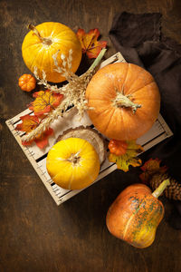 High angle view of pumpkins on table