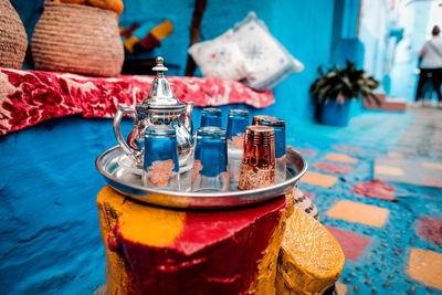 Close-up of drink in glass jar on table