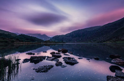 Scenic view of lake against sky during sunset