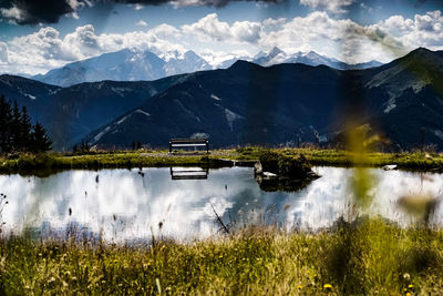 Scenic view of lake and mountains against sky