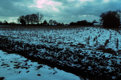 Scenic view of snow covered field against sky