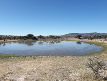 Scenic view of lake against clear blue sky