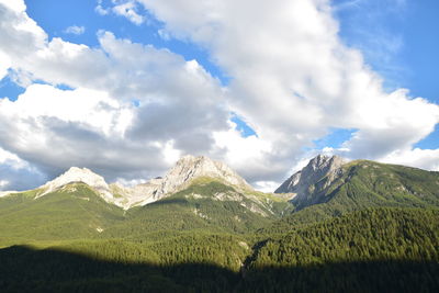 Scenic view of mountains against cloudy sky