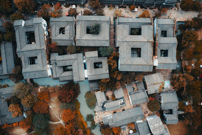 High angle view of old buildings in town