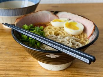 High angle view of food in bowl on table