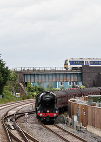 Train on railroad tracks against sky