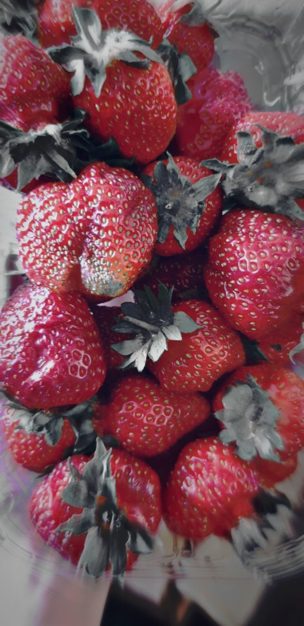 HIGH ANGLE VIEW OF STRAWBERRIES IN CONTAINER