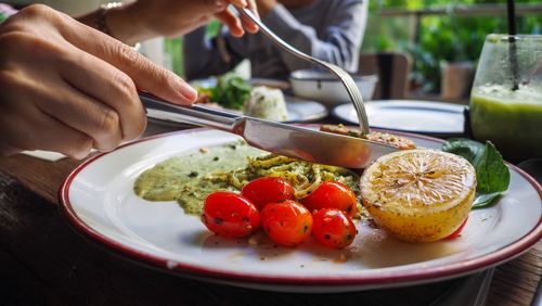 High angle view of breakfast served on table