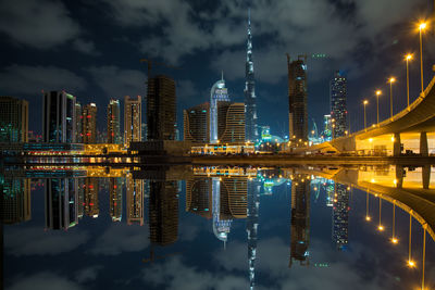 River in front of illuminated city against sky at dusk