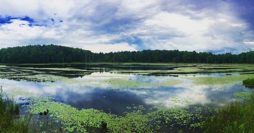 Scenic view of lake against cloudy sky