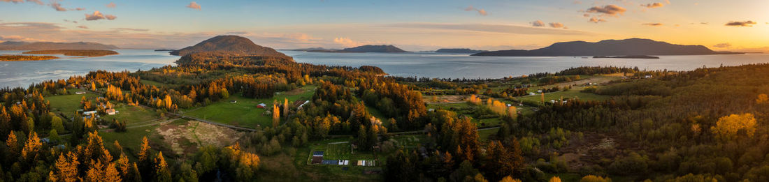 Salish sea sunset. aerial view of lummi island, washington.