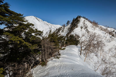 Scenic view of snowcapped mountains against clear sky