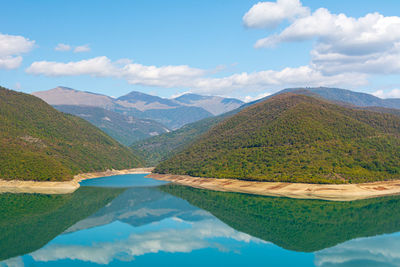 Scenic view of lake and mountains against sky