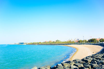 Scenic view of sea against clear blue sky