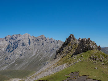 Scenic view of mountain against blue sky