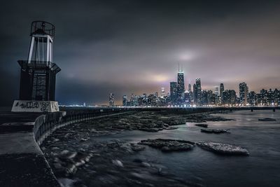 View of city lit up at night