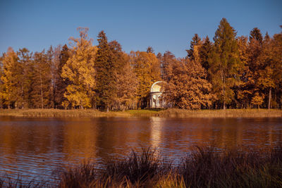 Scenic view of lake by trees against clear sky