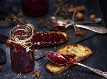 Close-up of bread and jam on table