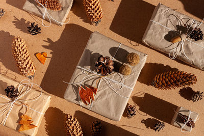 High angle view of christmas decorations on table