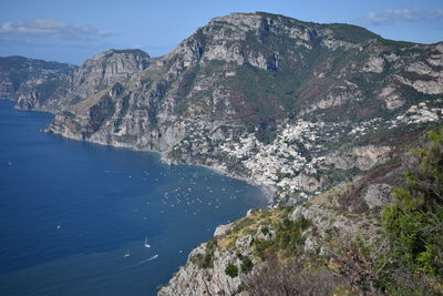 Scenic view of sea and mountains against sky