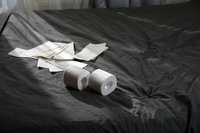 High angle view of white paper on table at home