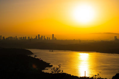 Scenic view of silhouette buildings against sky during sunset