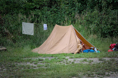 Clothesline by tents against trees