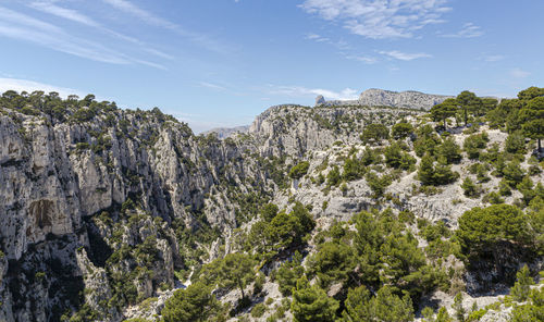 Panoramic view of rocks and trees against sky