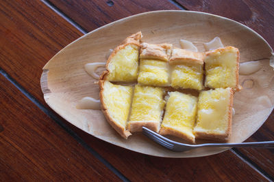 High angle view of dessert in plate on table