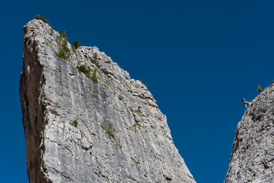 Low angle view of rock formation against clear blue sky