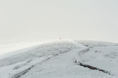 Scenic view of snow covered landscape against clear sky