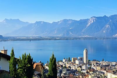 Scenic view of sea and mountains against sky