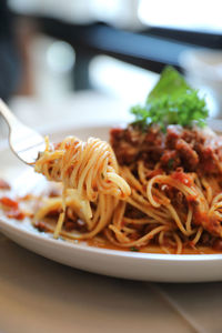 Close-up of noodles served in plate