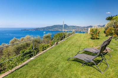 Panoramic view from chiavari terrace to ligurian seaside, portofino area and mediterranean sea,italy