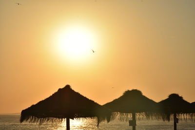 Silhouette birds flying over sea against orange sky