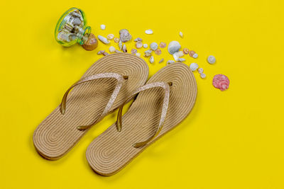 High angle view of hat on yellow table